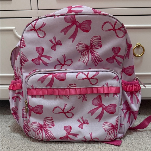 Pink Ruffly Backpack Bums and Roses | Accessories | Pink Bow Print Kids Backpack With Ruffle ...